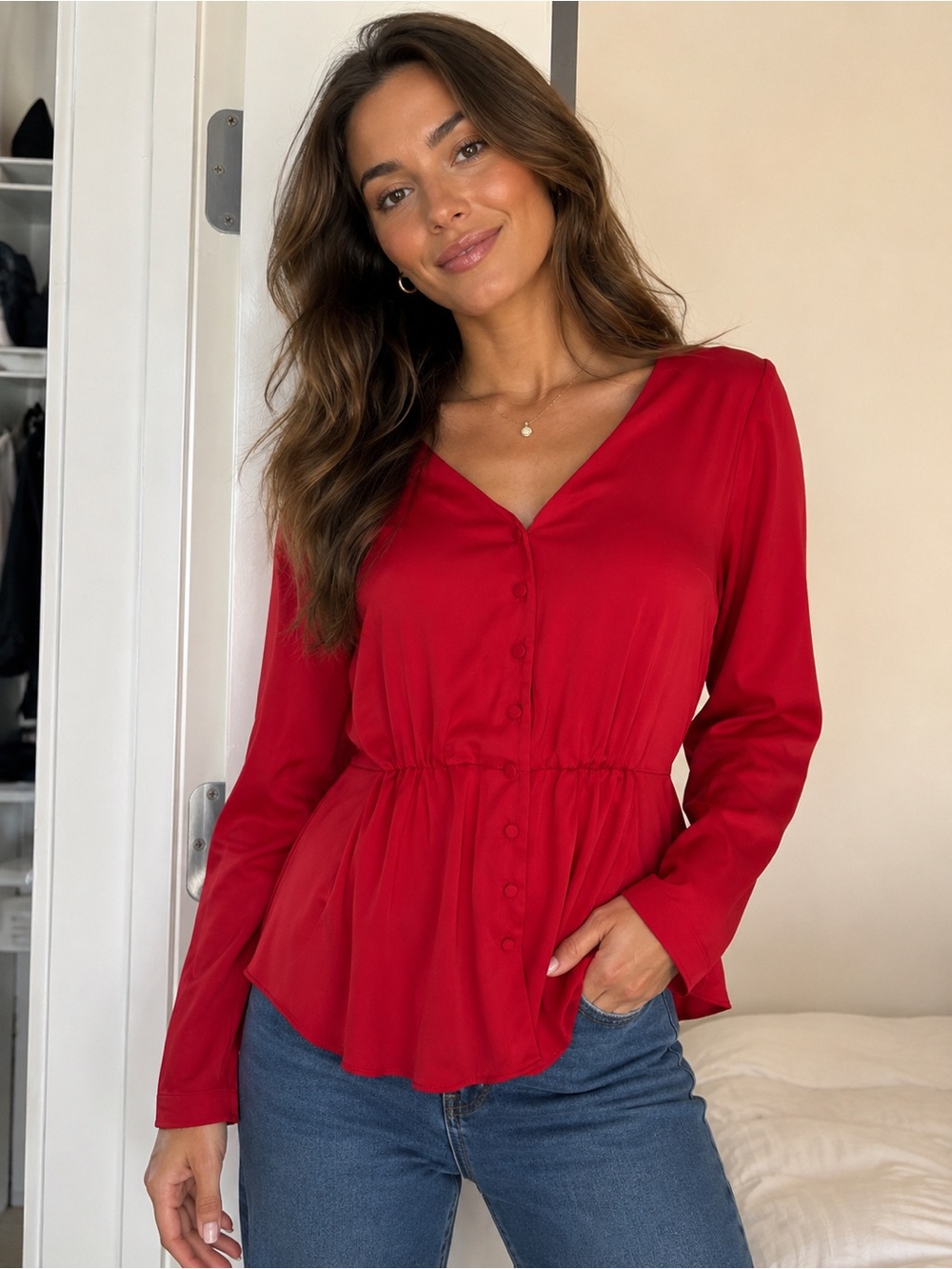 J. Crew Red V-Neck Button Front Peplum Blouse
